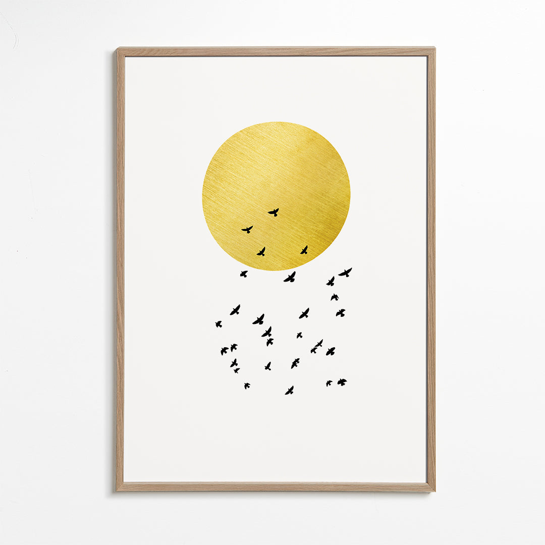 Minimalistisk print med gyllene sol och flock