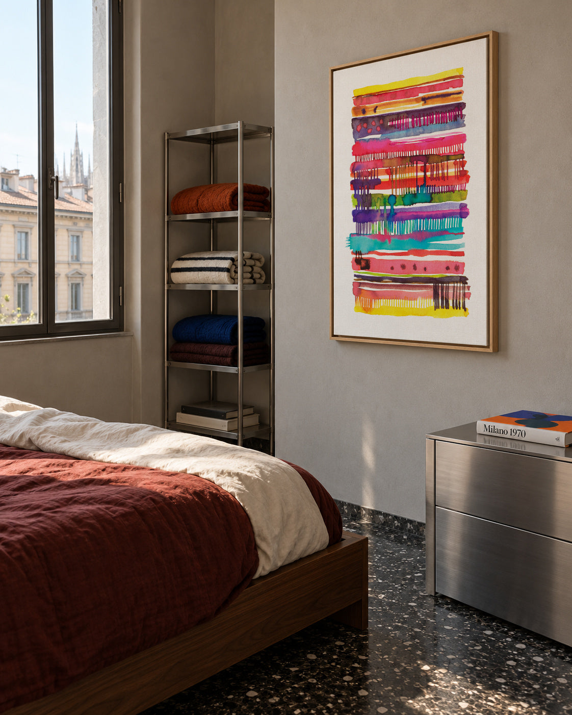 Watercolor Boho Nomadic Lines 2 - Framed canvas in an interior
