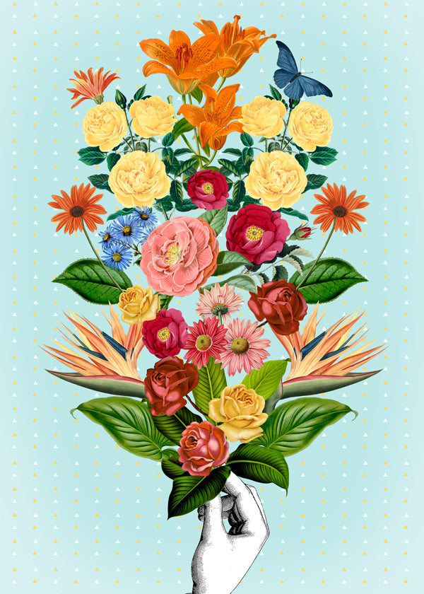 Botanisk poster färgglad bukett på blå bakgrund