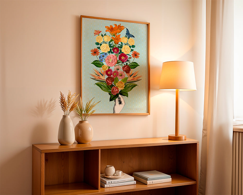 Botanisk poster färgglad bukett på blå bakgrund