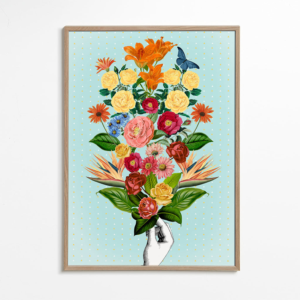 Botanisk poster färgglad bukett på blå bakgrund
