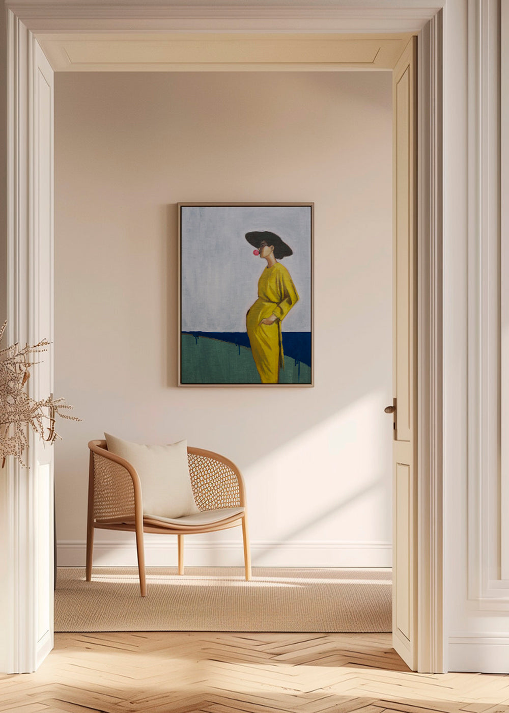 Minimalistisk tavla kvinna med gul hatt