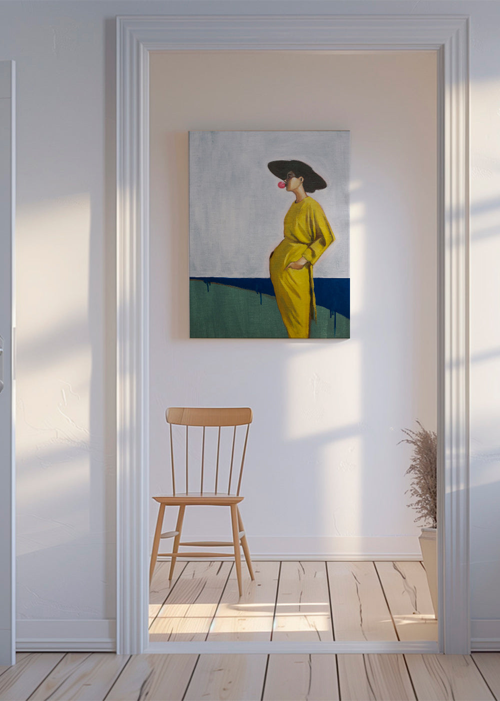Minimalistisk tavla kvinna med gul hatt