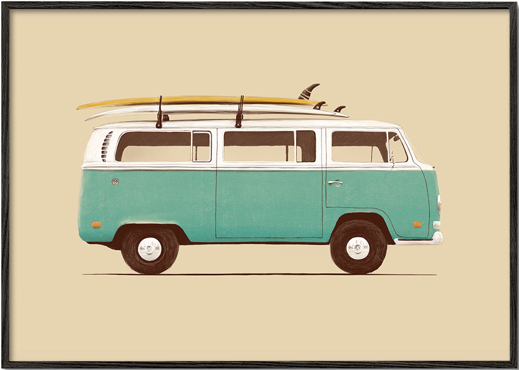 Vintage affisch turkos campervan med surfbrädor