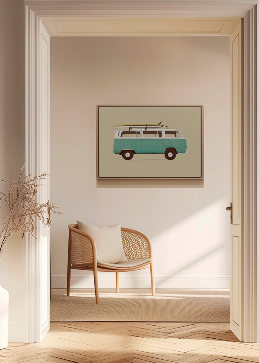 Vintage affisch turkos campervan med surfbrädor