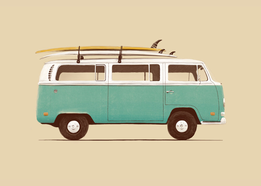 Vintage affisch turkos campervan med surfbrädor