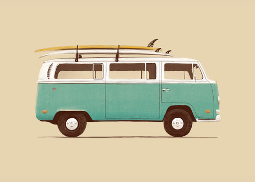 Vintage affisch turkos campervan med surfbrädor
