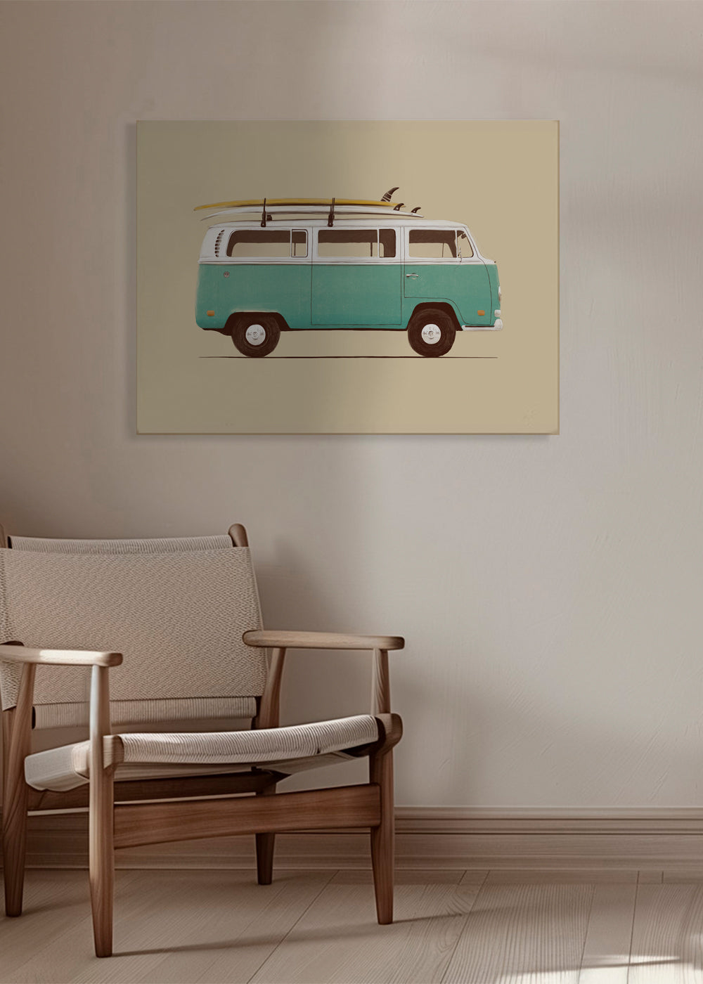 Vintage affisch turkos campervan med surfbrädor
