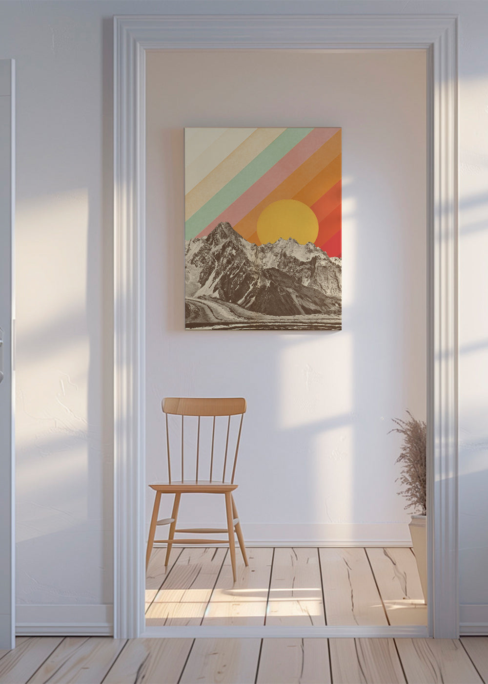 Vintage landskap med geometrisk sol