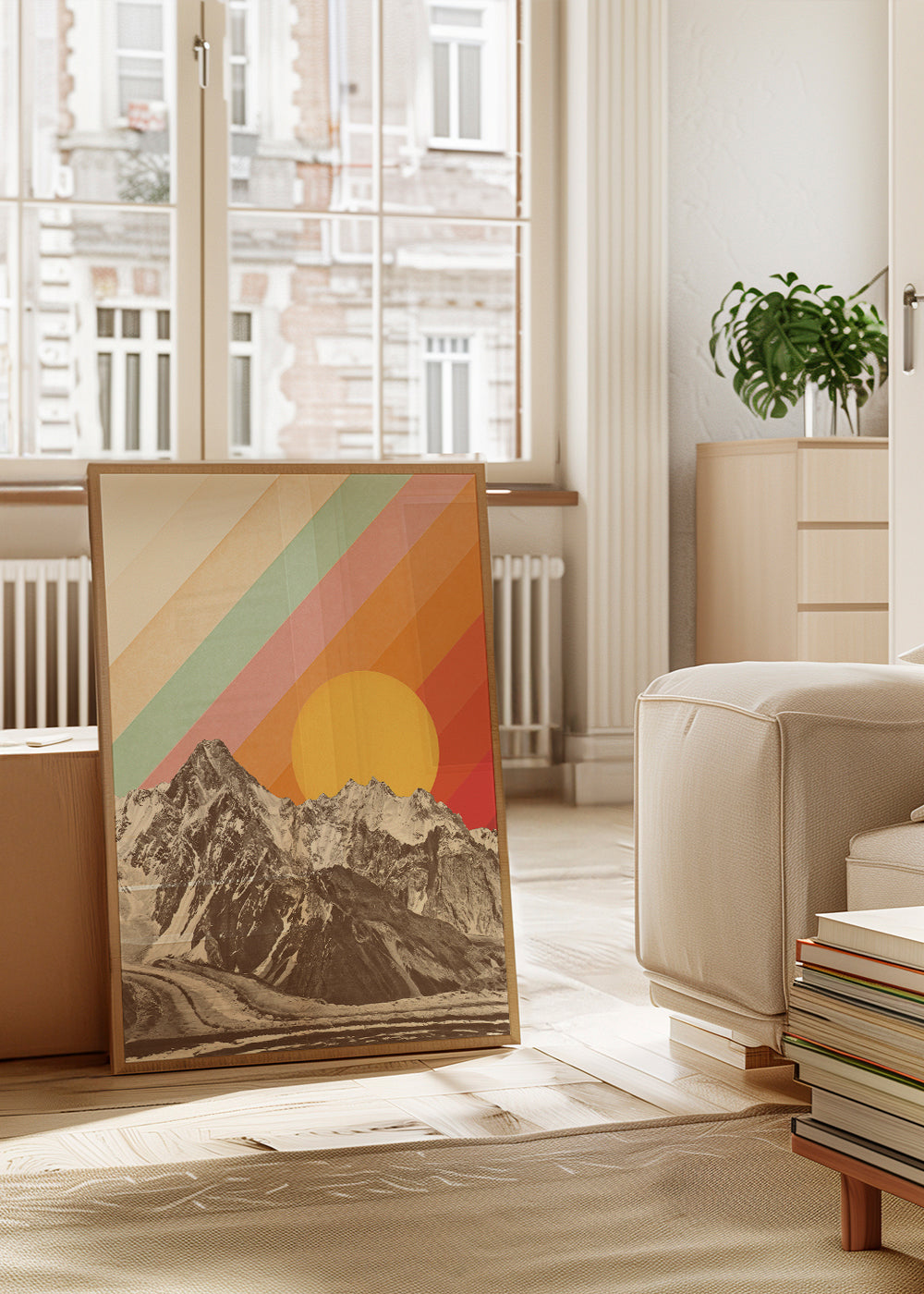 Vintage landskap med geometrisk sol