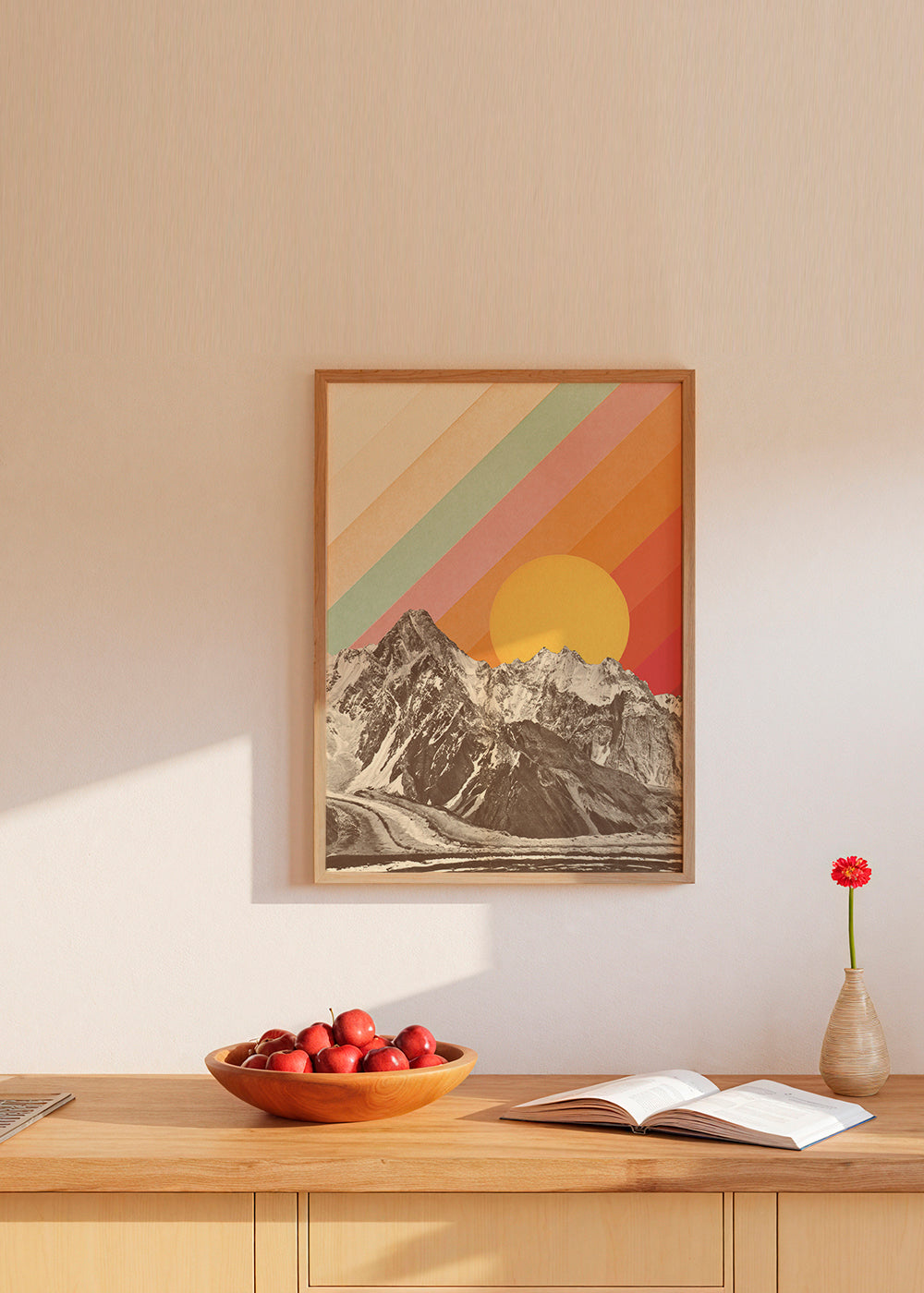 Vintage landskap med geometrisk sol