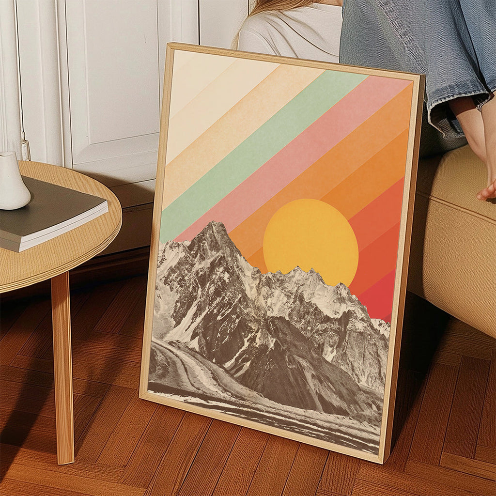 Vintage landskap med geometrisk sol
