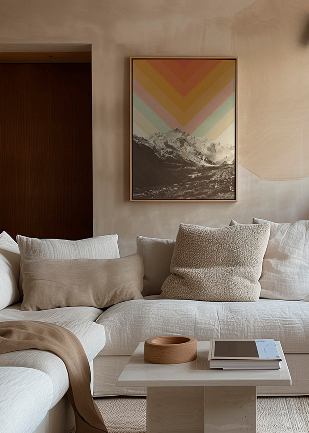 Landskapskonst med bergstoppar och retro chevron
