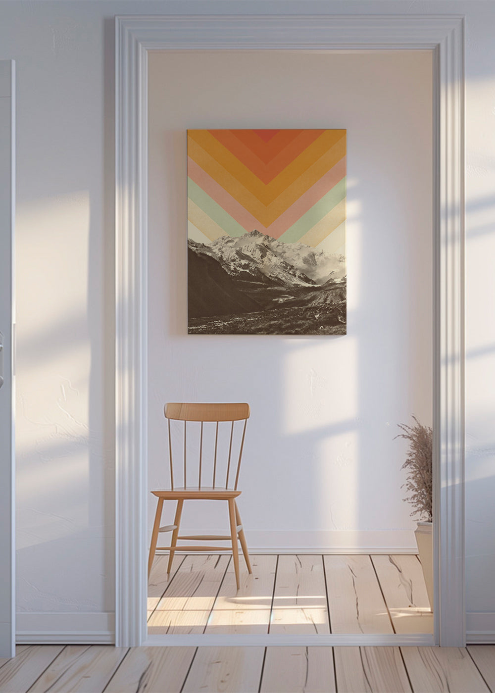 Landskapskonst med bergstoppar och retro chevron
