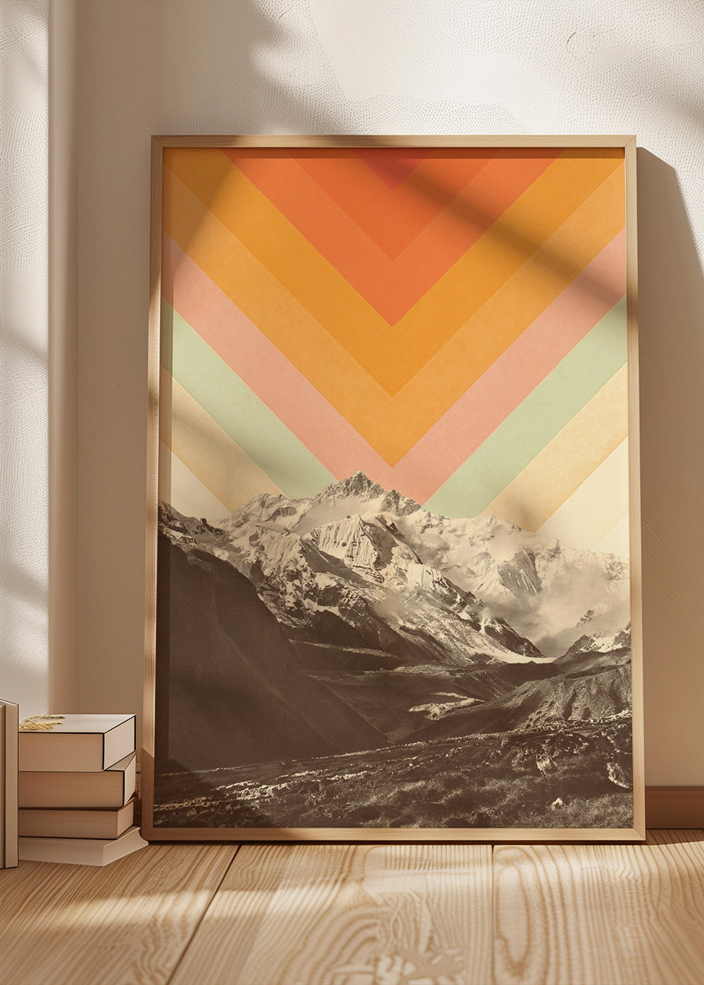 Landskapskonst med bergstoppar och retro chevron