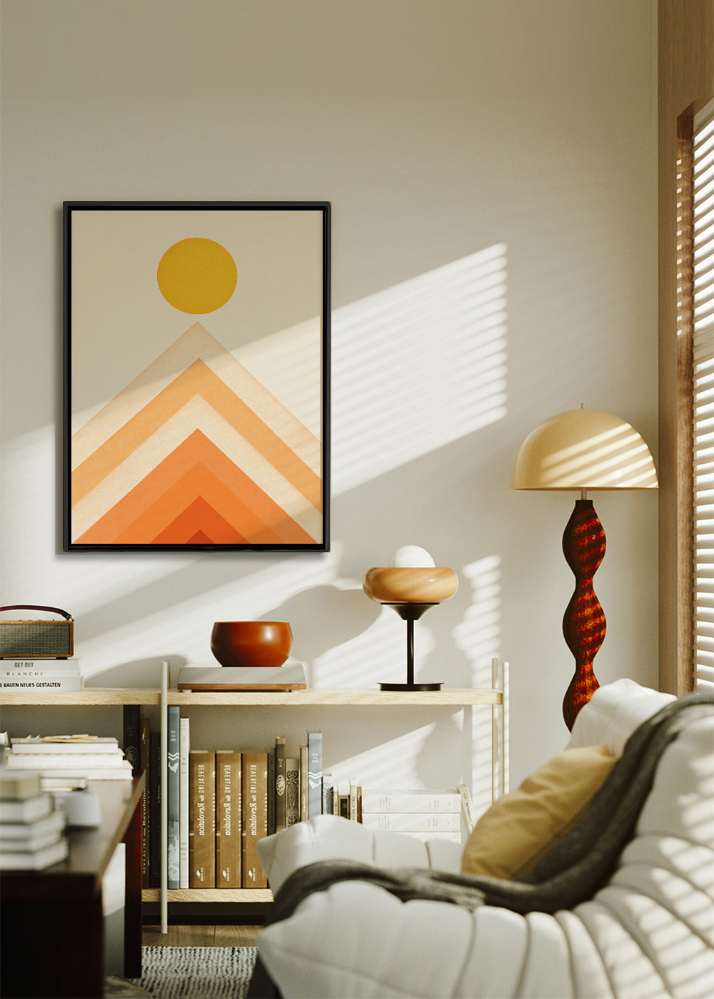Geometrisk tavla med sol och minimalistiska toppar