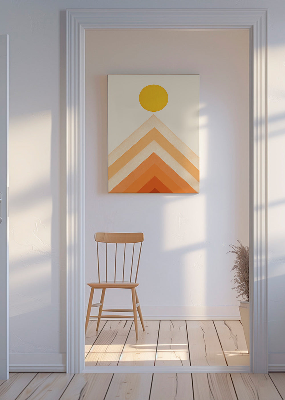 Geometrisk tavla med sol och minimalistiska toppar