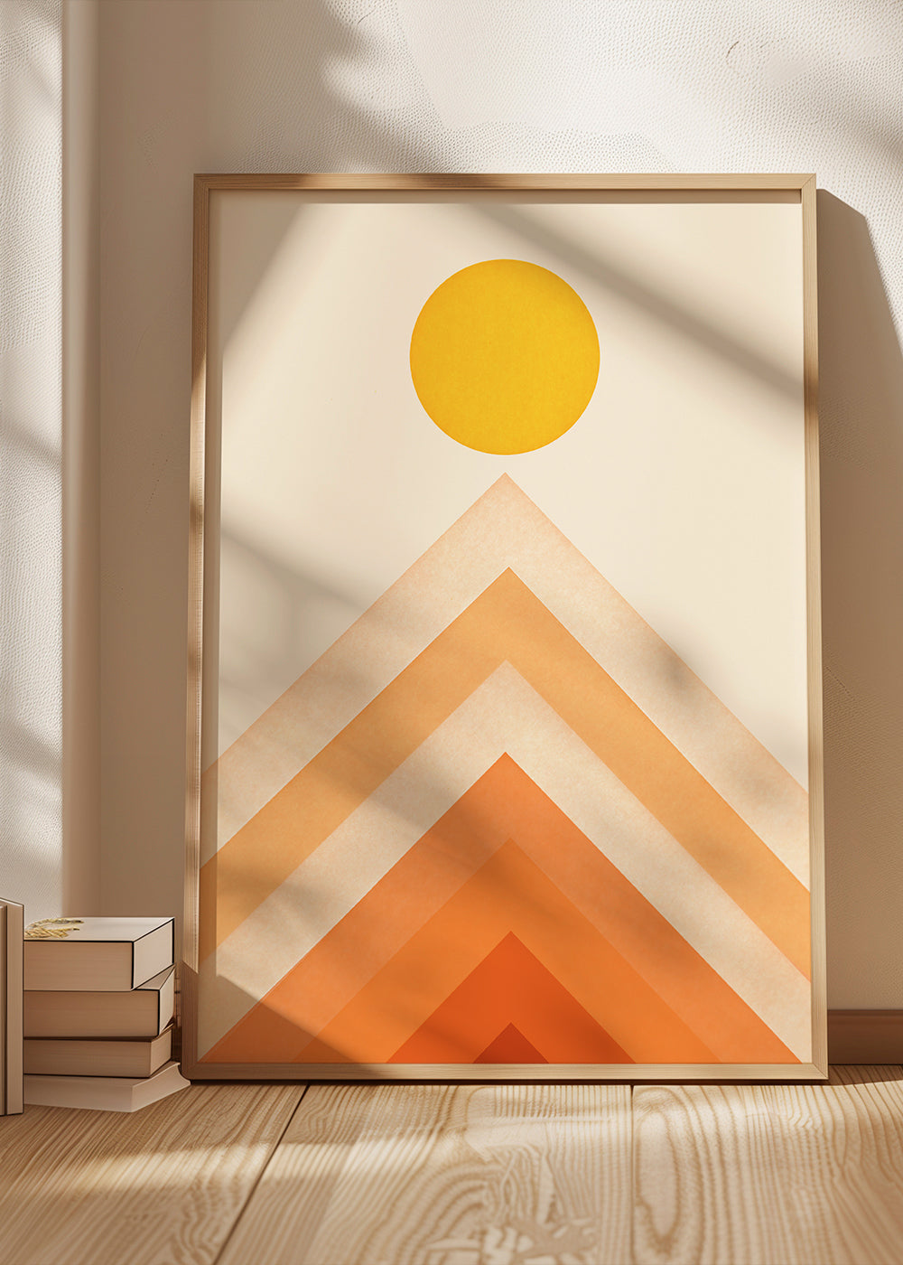 Geometrisk tavla med sol och minimalistiska toppar