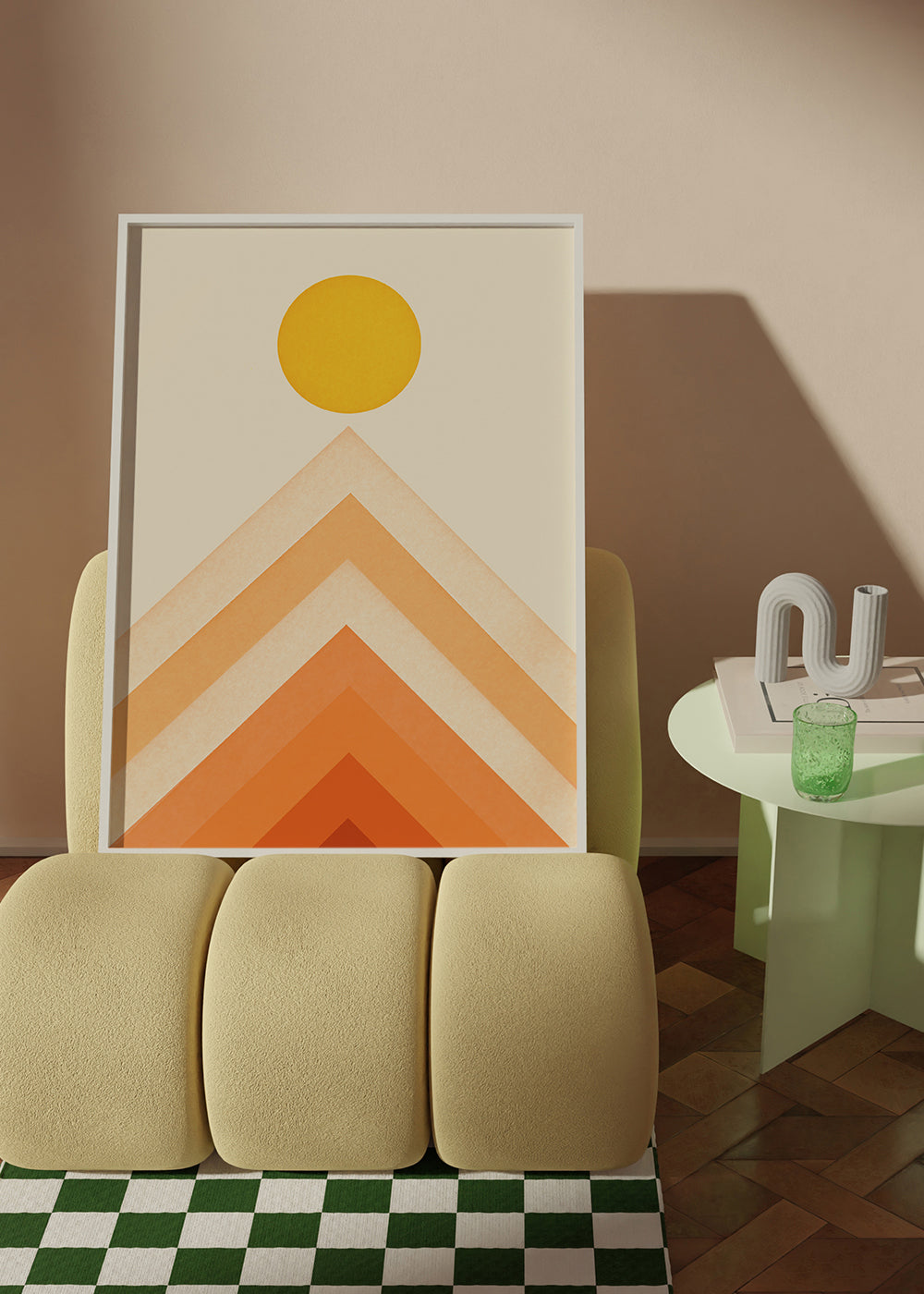 Geometrisk tavla med sol och minimalistiska toppar