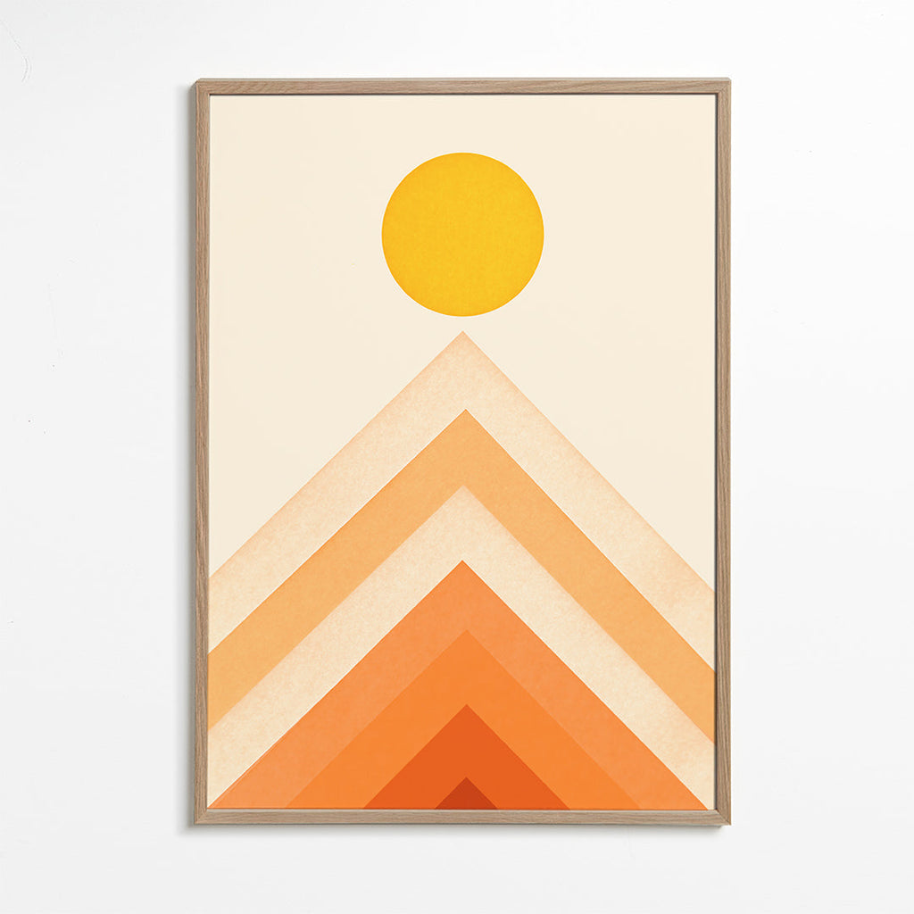 Geometrisk tavla med sol och minimalistiska toppar