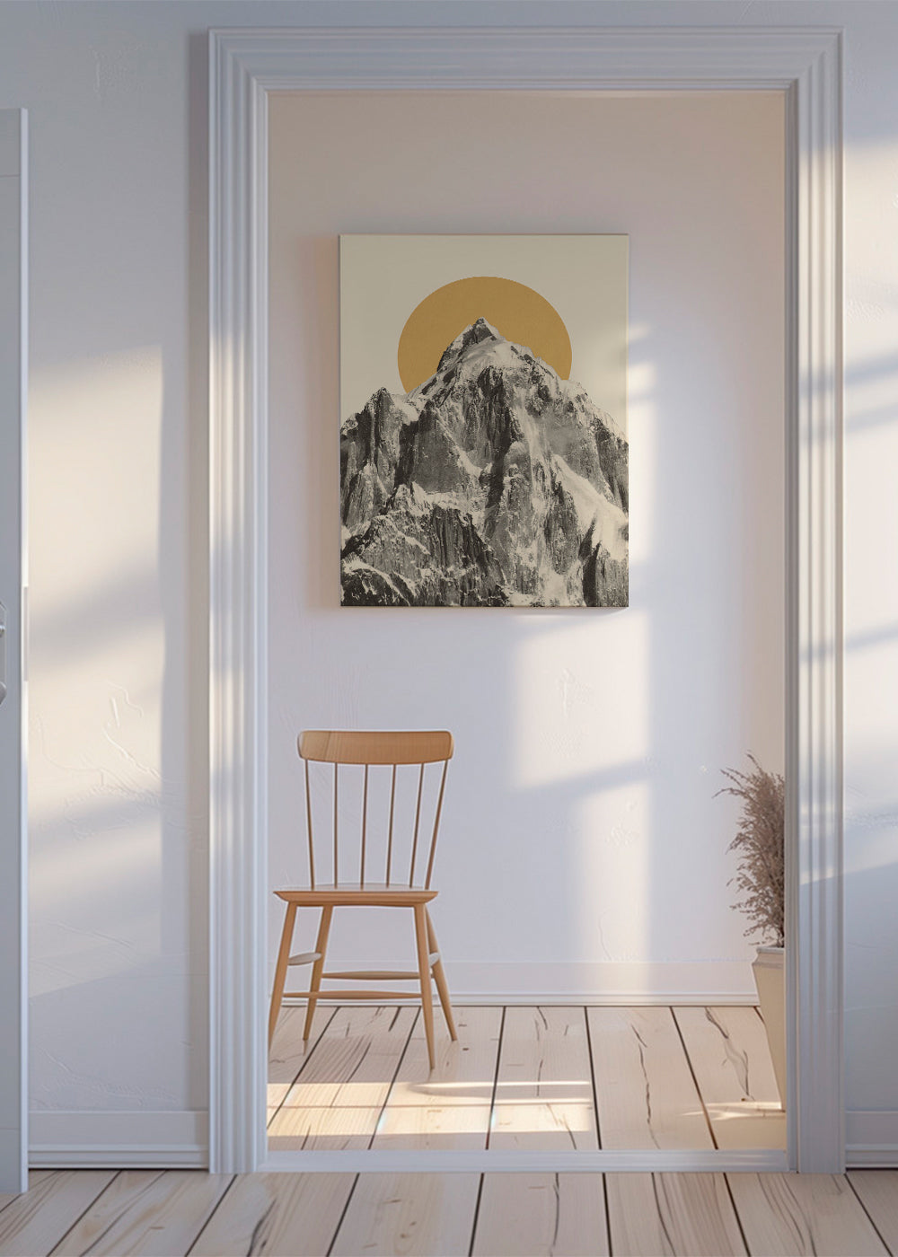 Landskapskonst med snötäckt topp och gyllene sol