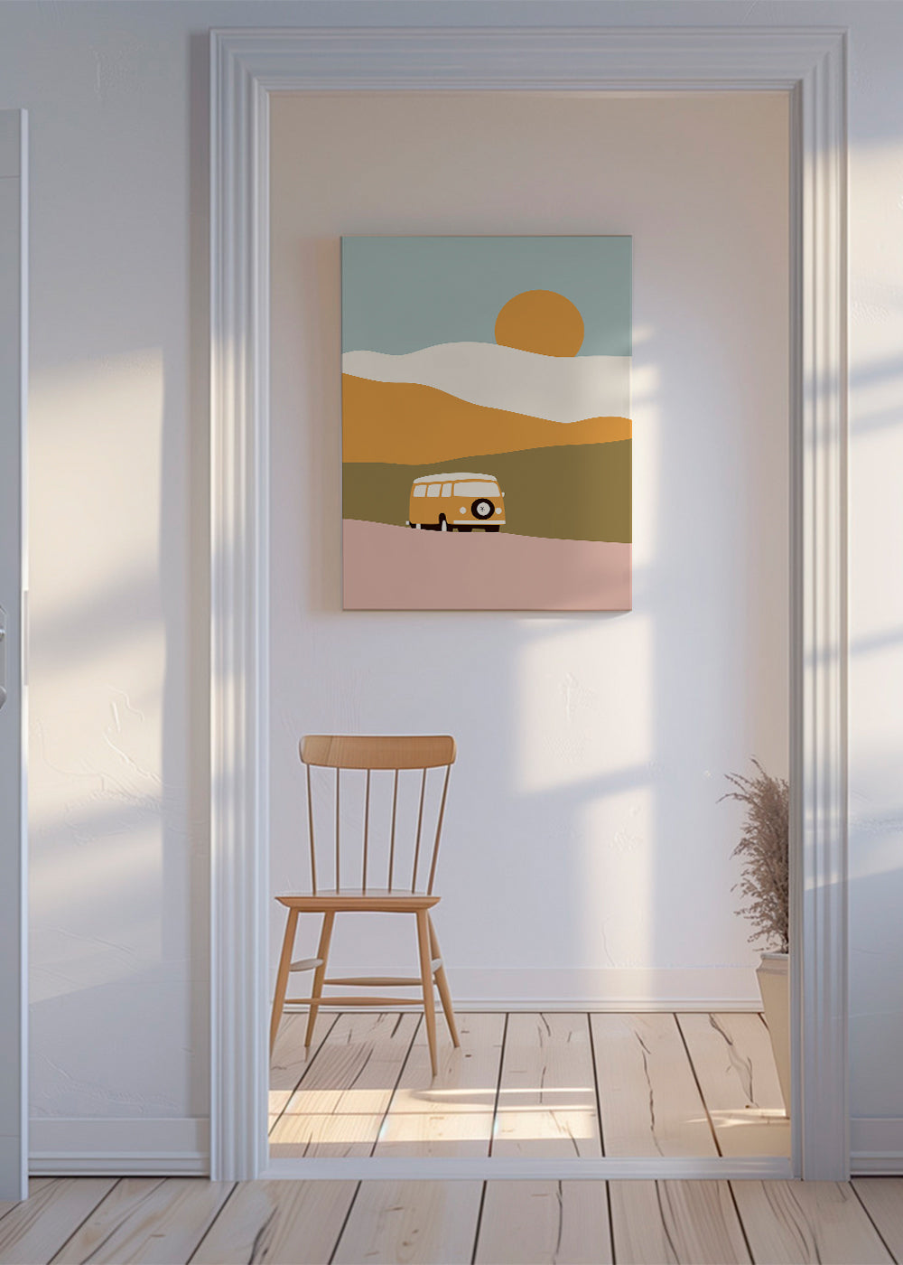 Minimalistisk van-tavla med sol