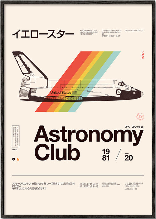Vintageposter med rymdfärja och regnbågstrimmor