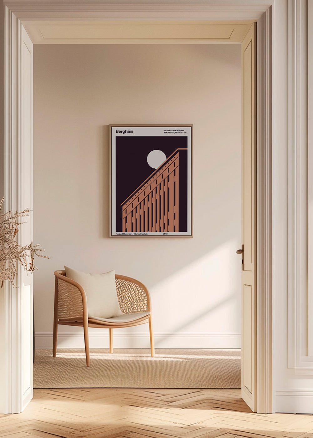 Stadskonst med diagonalt fasad och måne