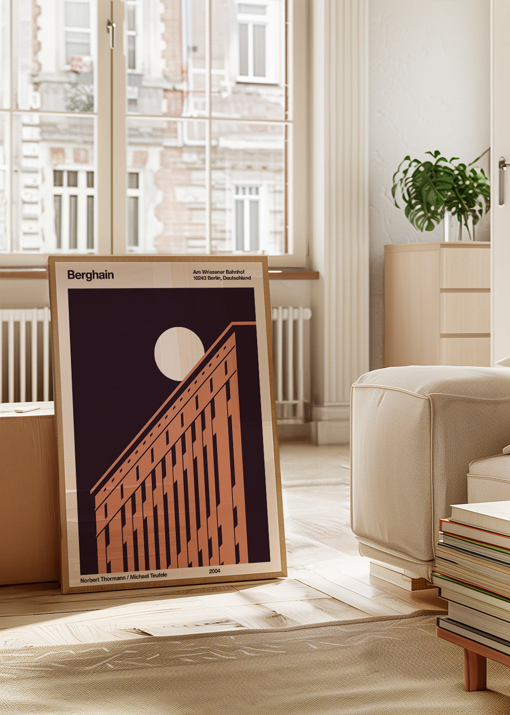 Stadskonst med diagonalt fasad och måne