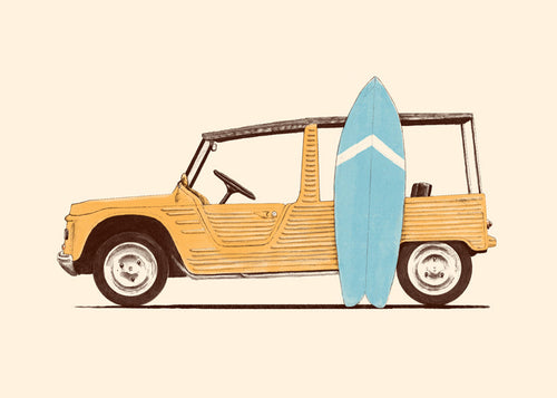Vintage-affisch med bil och surfbräda