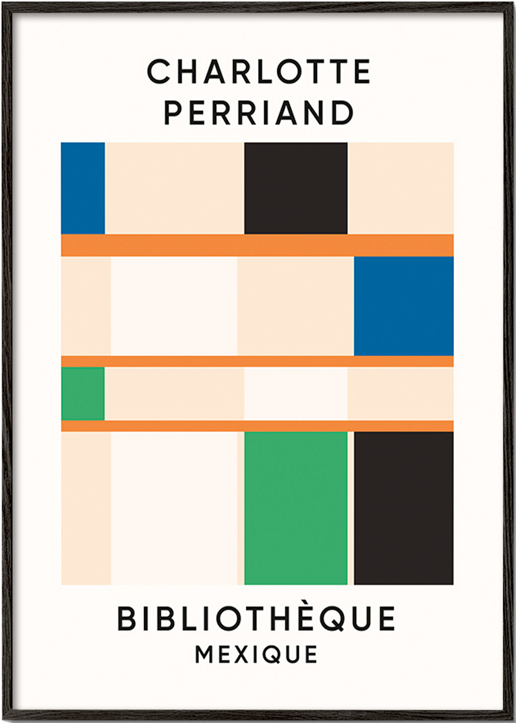 Geometrisk affisch med block och typografi 'Bibliothèque'