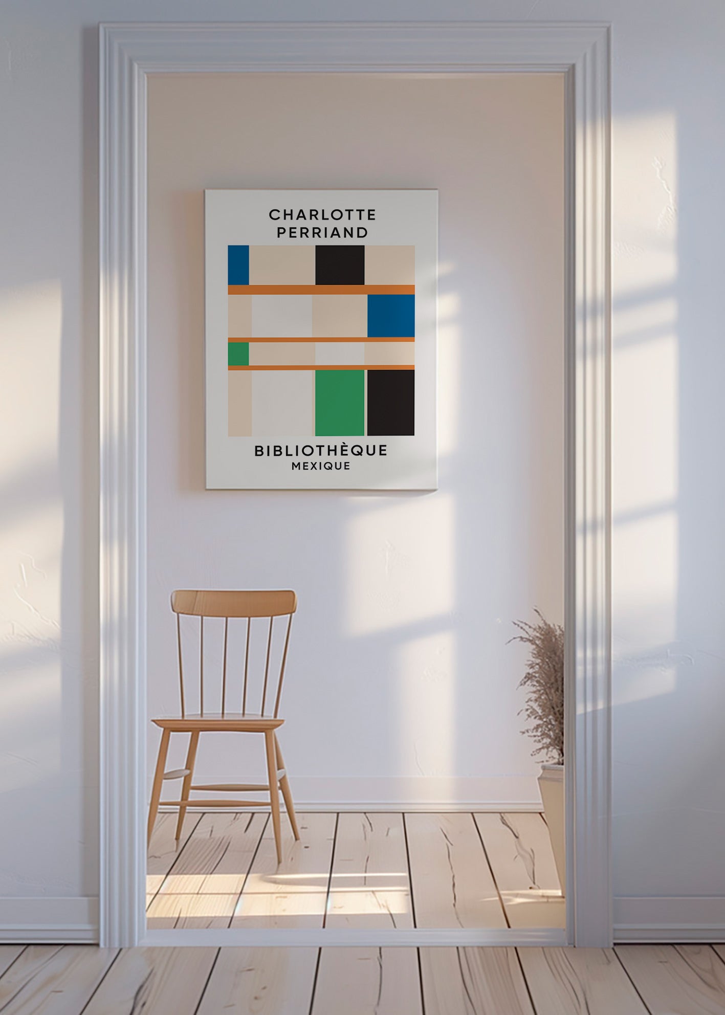 Geometrisk affisch med block och typografi 'Bibliothèque'