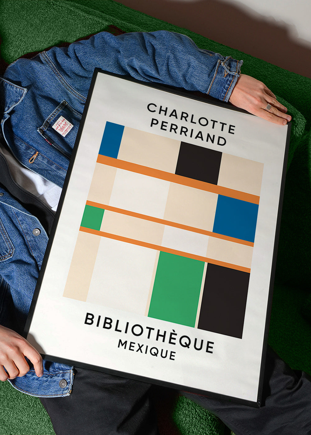 Geometrisk affisch med block och typografi 'Bibliothèque'