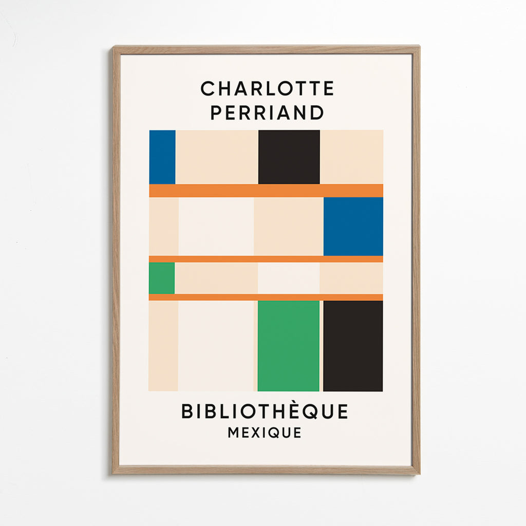 Geometrisk affisch med block och typografi 'Bibliothèque'