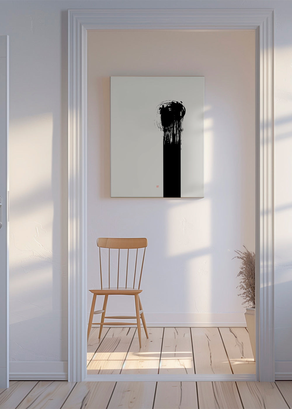 Minimalistisk tavla med vertikal bläckstreck