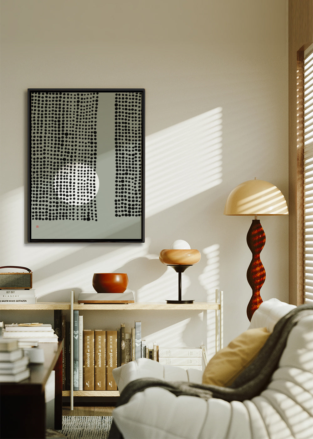 Hidden Moon n° 4 (Behind The Curtains) - Framed canvas in an interior