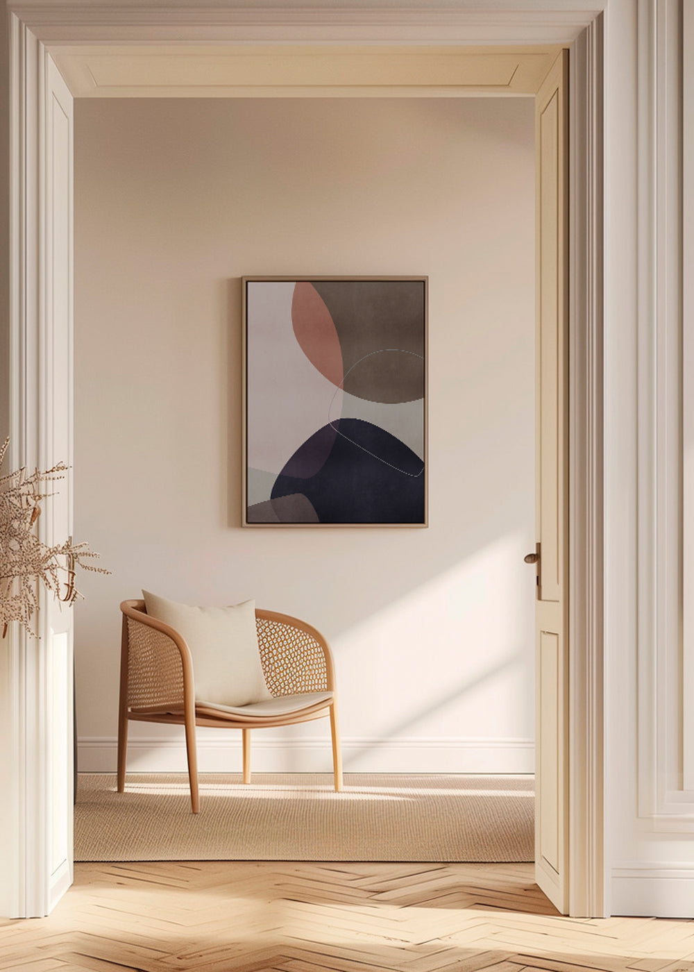 Abstrakt konstverk med organiska rosa och blå former