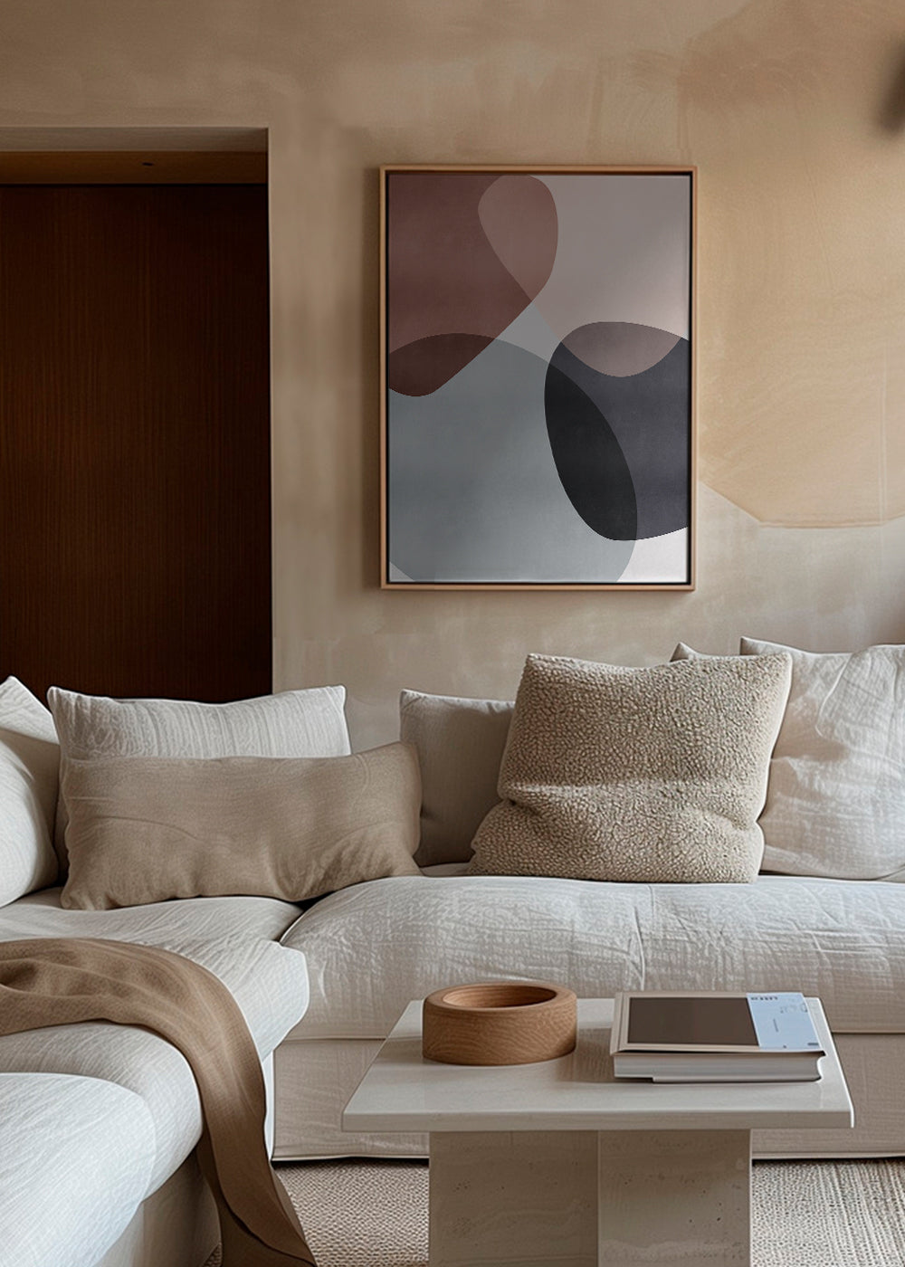 Abstrakt konst med organiska rosa och grå former