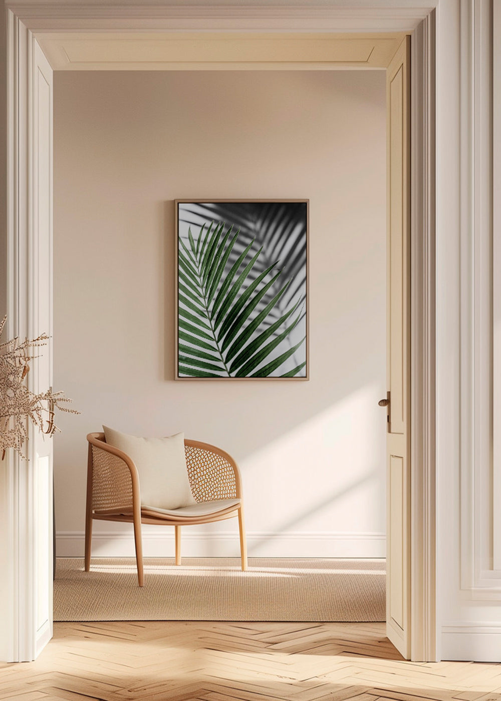Botanisk print med palmlöv i närbild