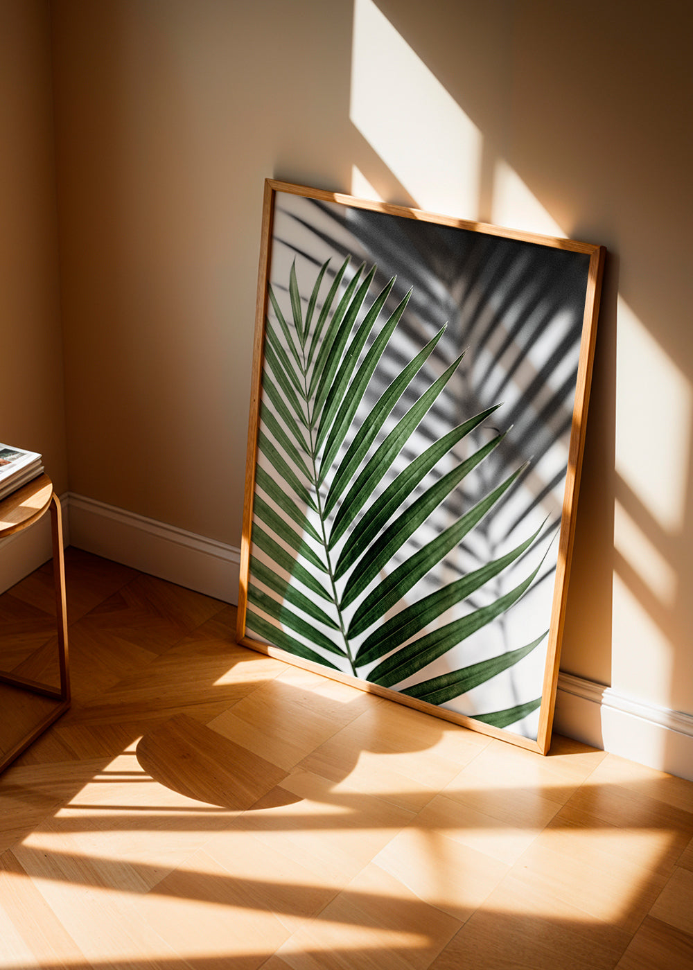 Botanisk print med palmlöv i närbild