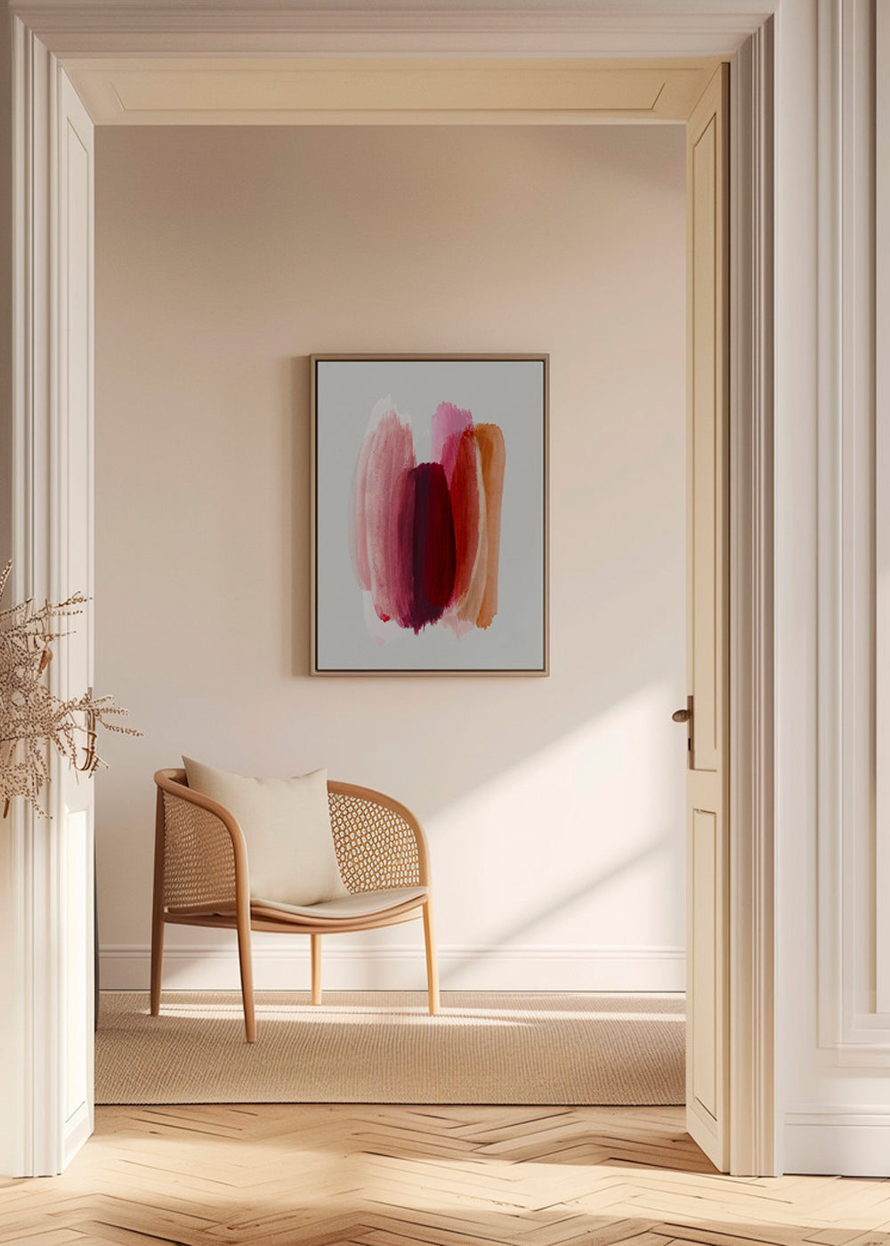 Abstrakt konstverk med rosa och orange penseldrag