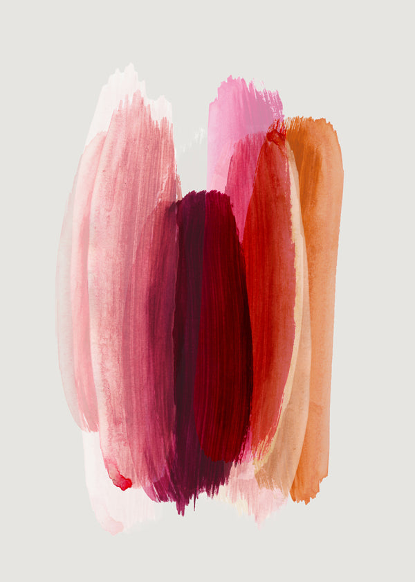 Abstrakt konstverk med rosa och orange penseldrag