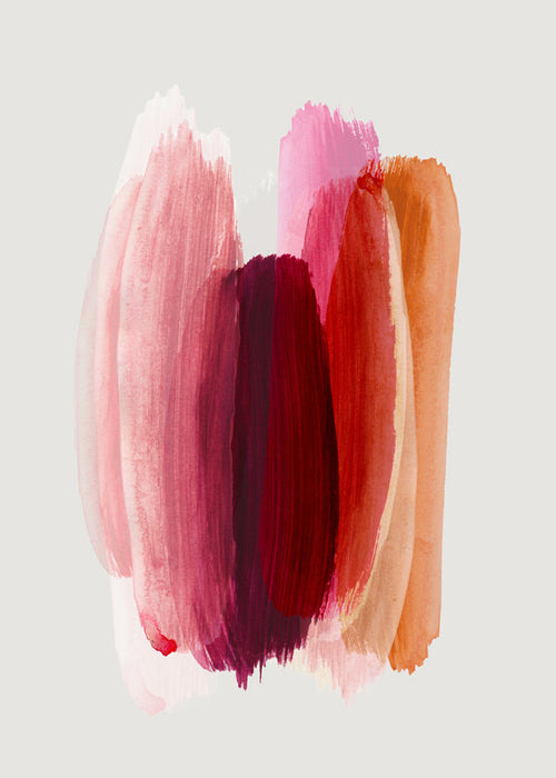 Abstrakt konstverk med rosa och orange penseldrag
