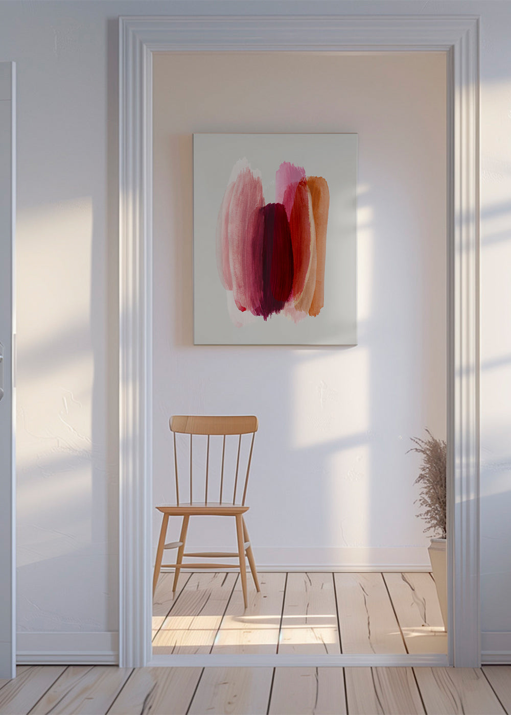 Abstrakt konstverk med rosa och orange penseldrag