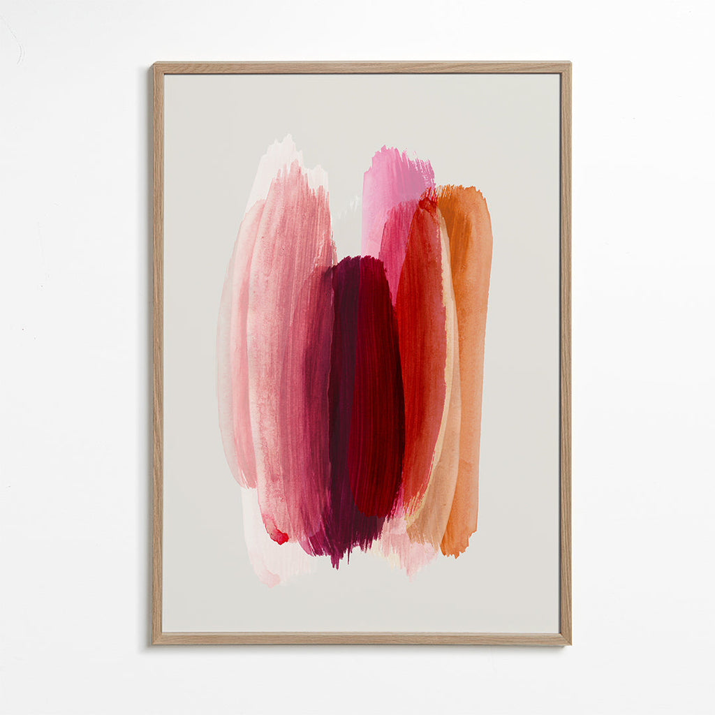 Abstrakt konstverk med rosa och orange penseldrag