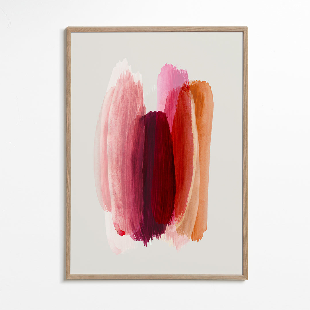 Abstrakt konstverk med rosa och orange penseldrag