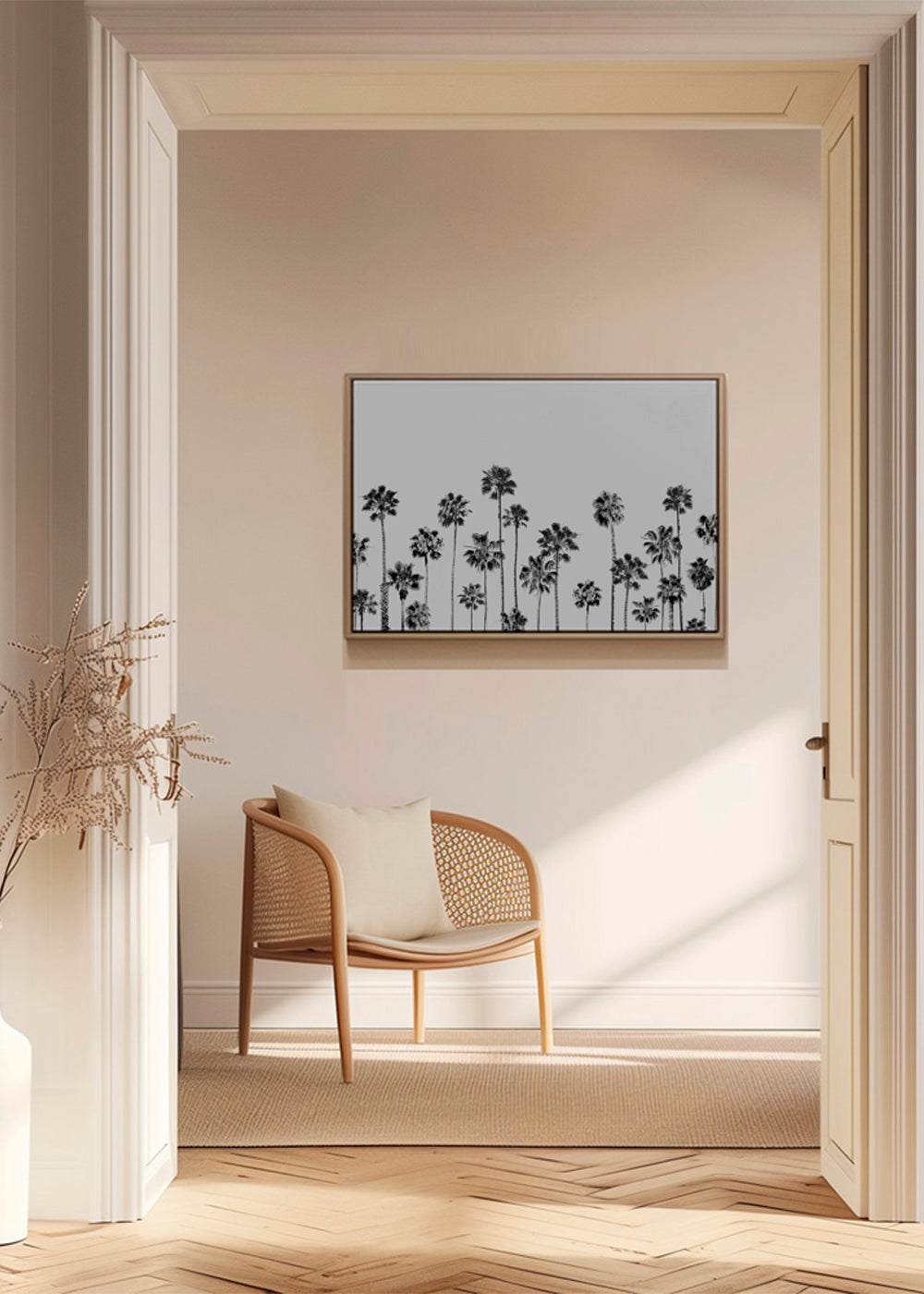 Botanisk print med palmer i svartvitt