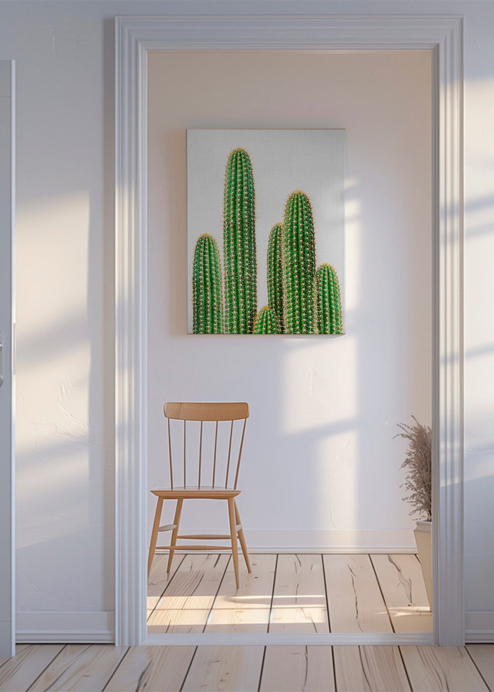Botanisk poster: pelarkaktus mot vit bakgrund