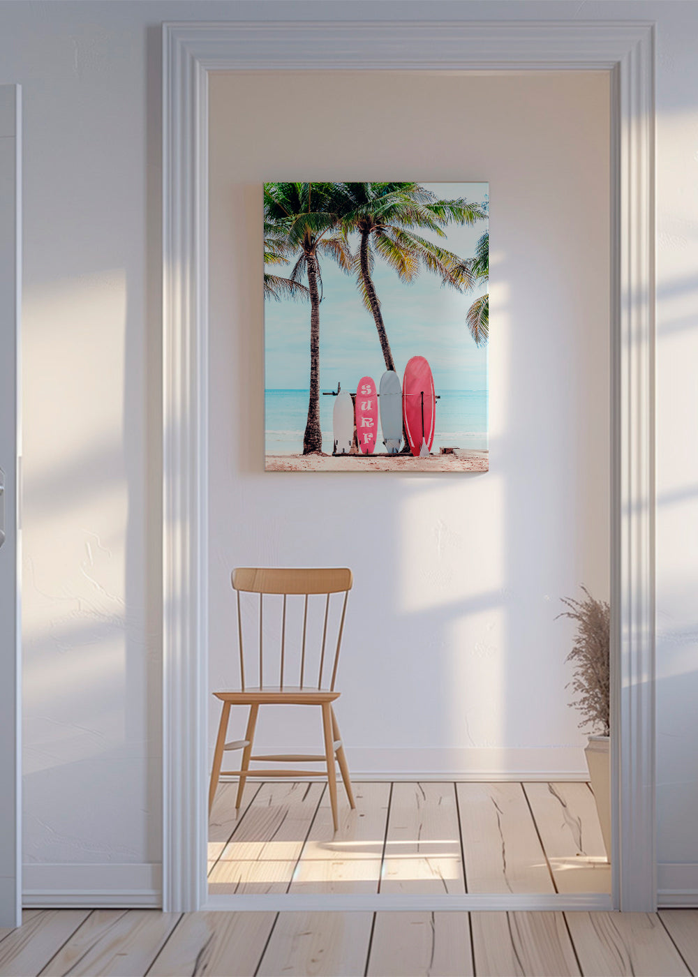 Sportfoto: rosa surfbrädor på stranden
