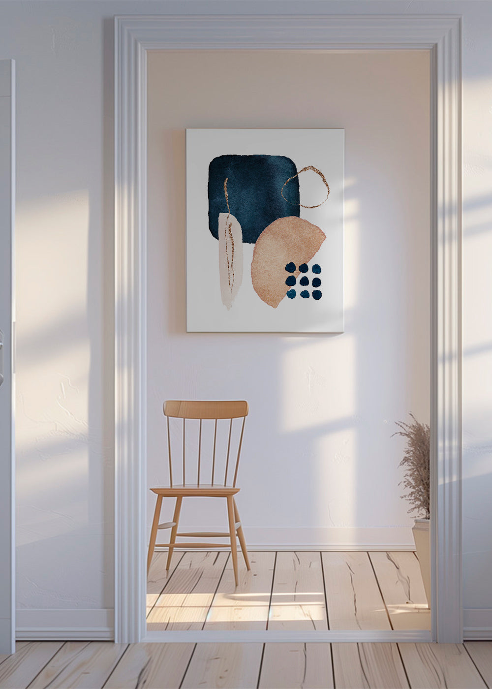 Abstrakt konst akvarell marinblå och beige